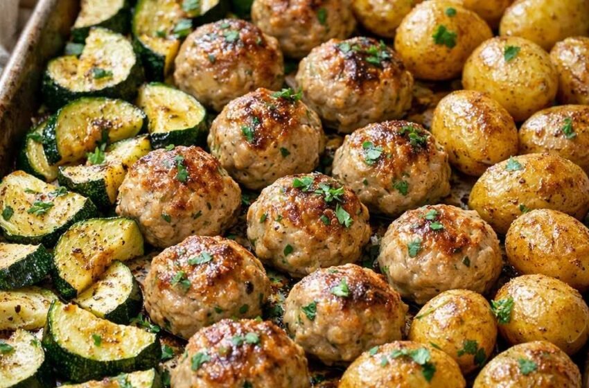 Roasted turkey meatballs with zucchini and potatoes