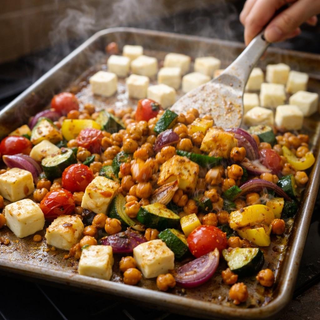 Roasting halloumi and vegetables on stovetop