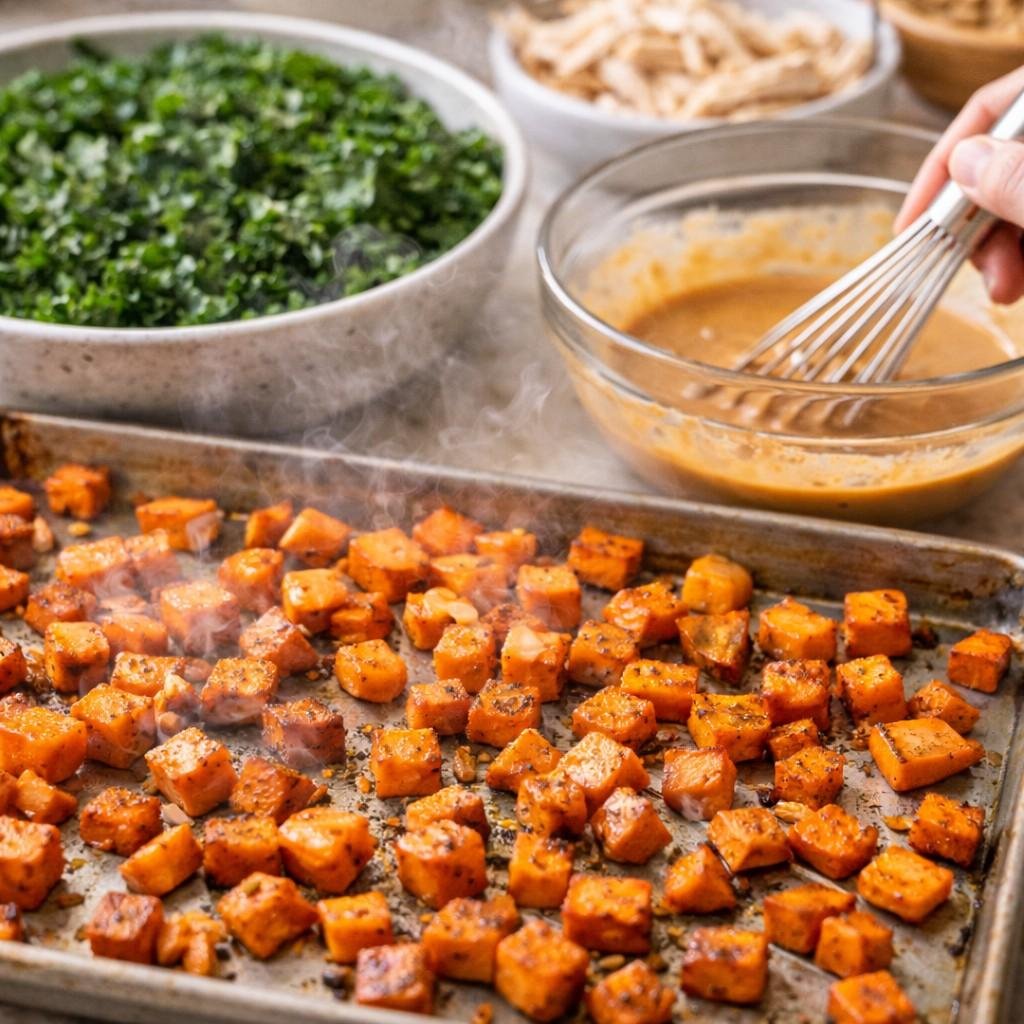 Roasting sweet potatoes with fresh toppings