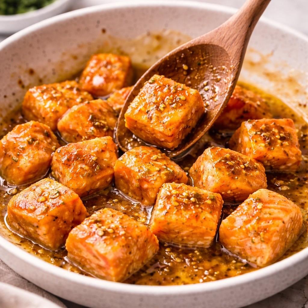 Salmon cubes in honey mustard glaze