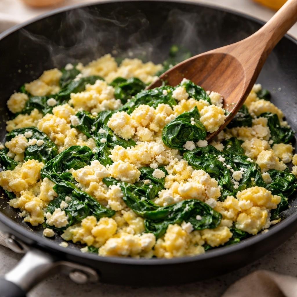 Scrambled eggs with spinach and feta