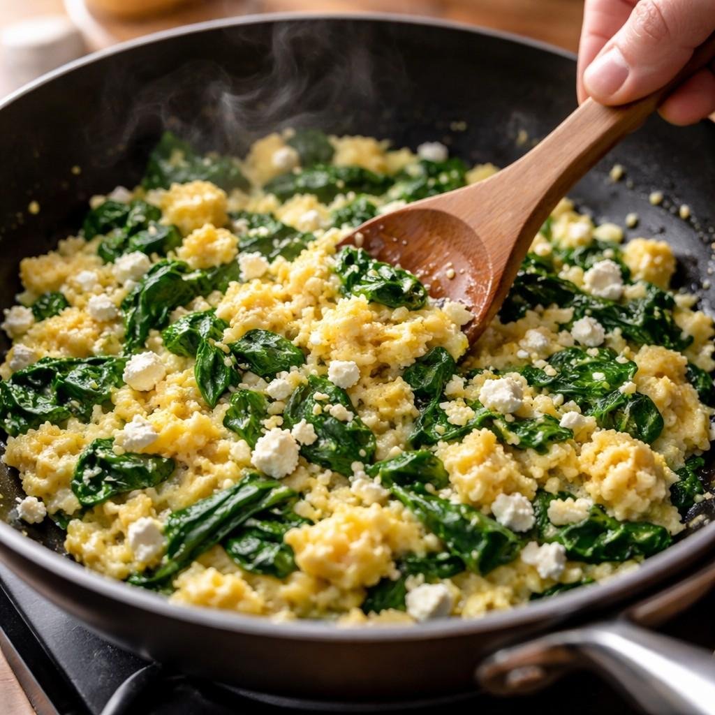Scrambled eggs with spinach and feta