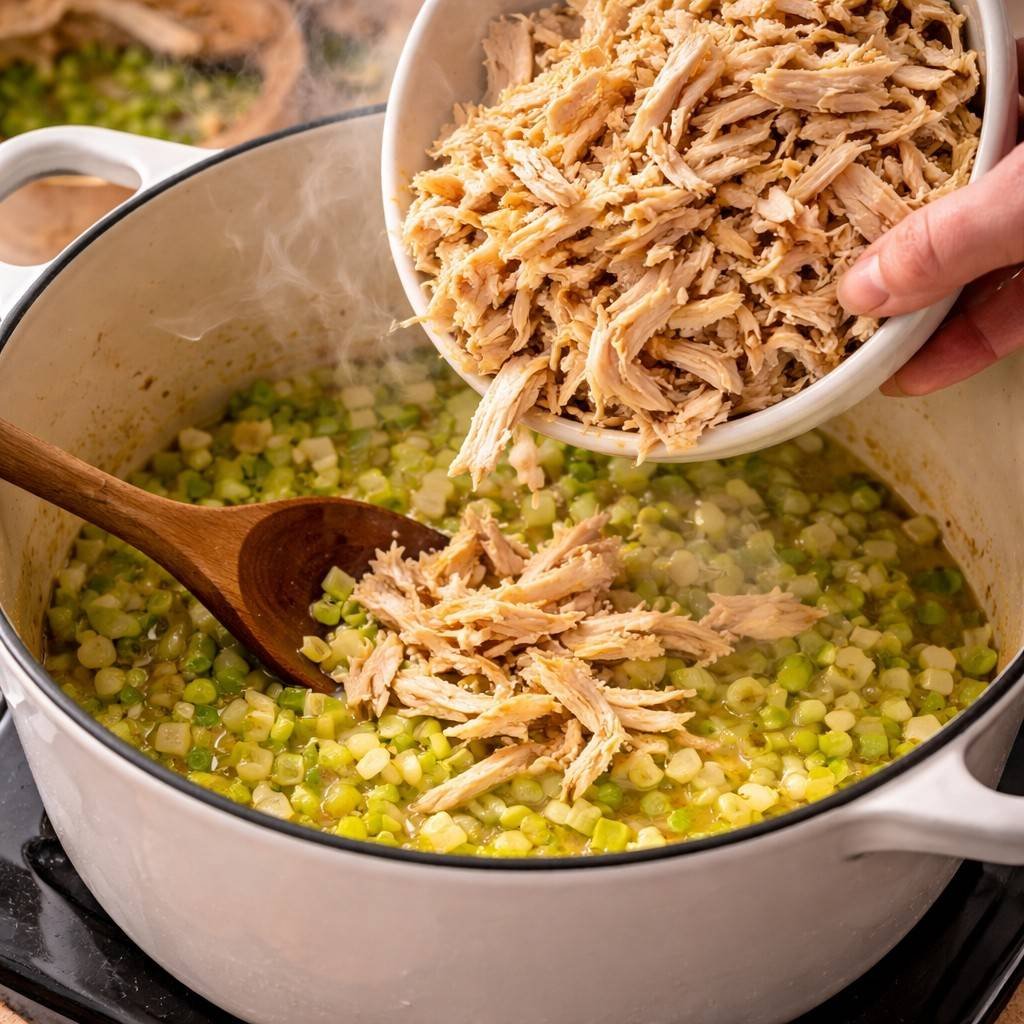 Shredding chicken into a hearty soup