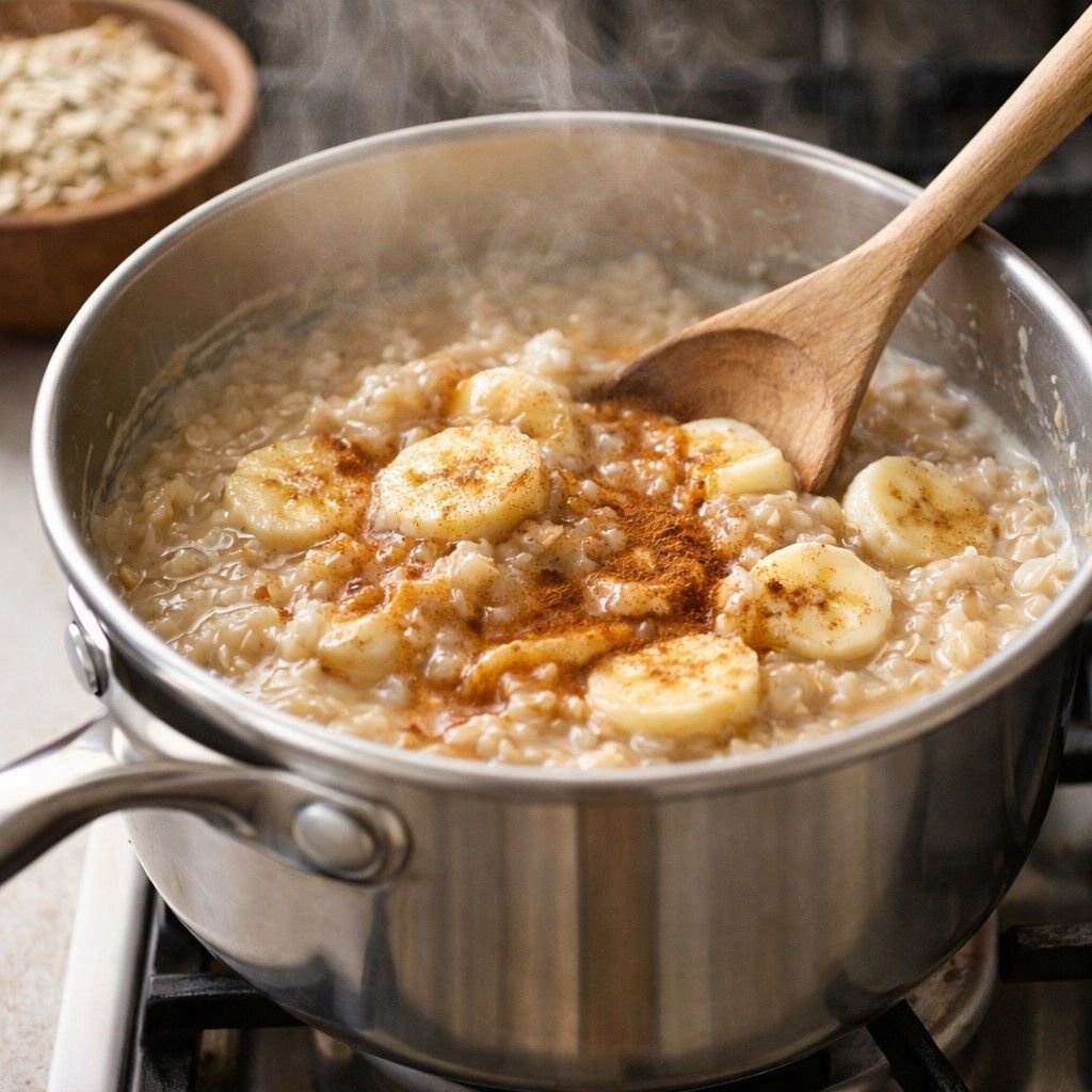 Simmering banana cinnamon oatmeal with peanut butter
