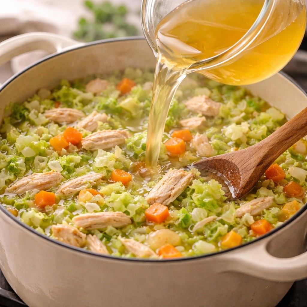 Simmering chicken cabbage soup on stovetop