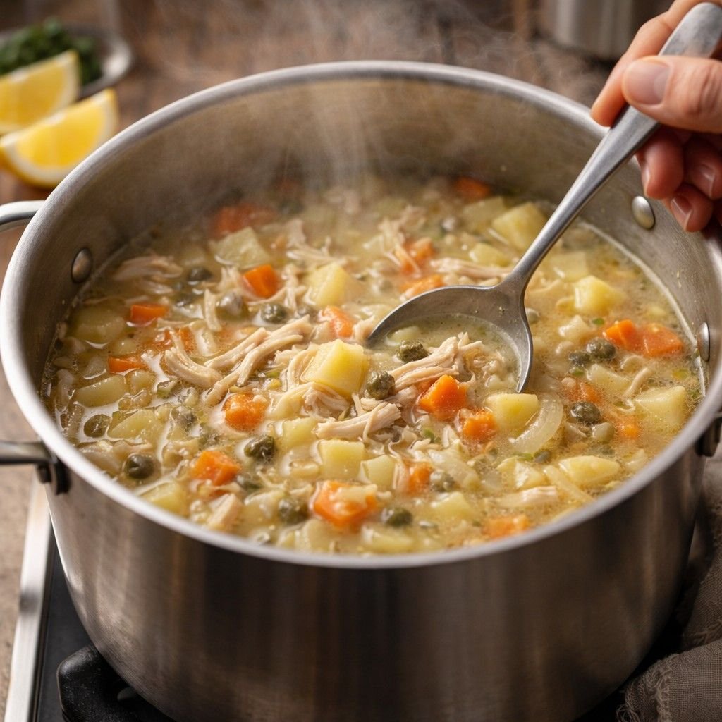 Simmering lemon chicken piccata soup