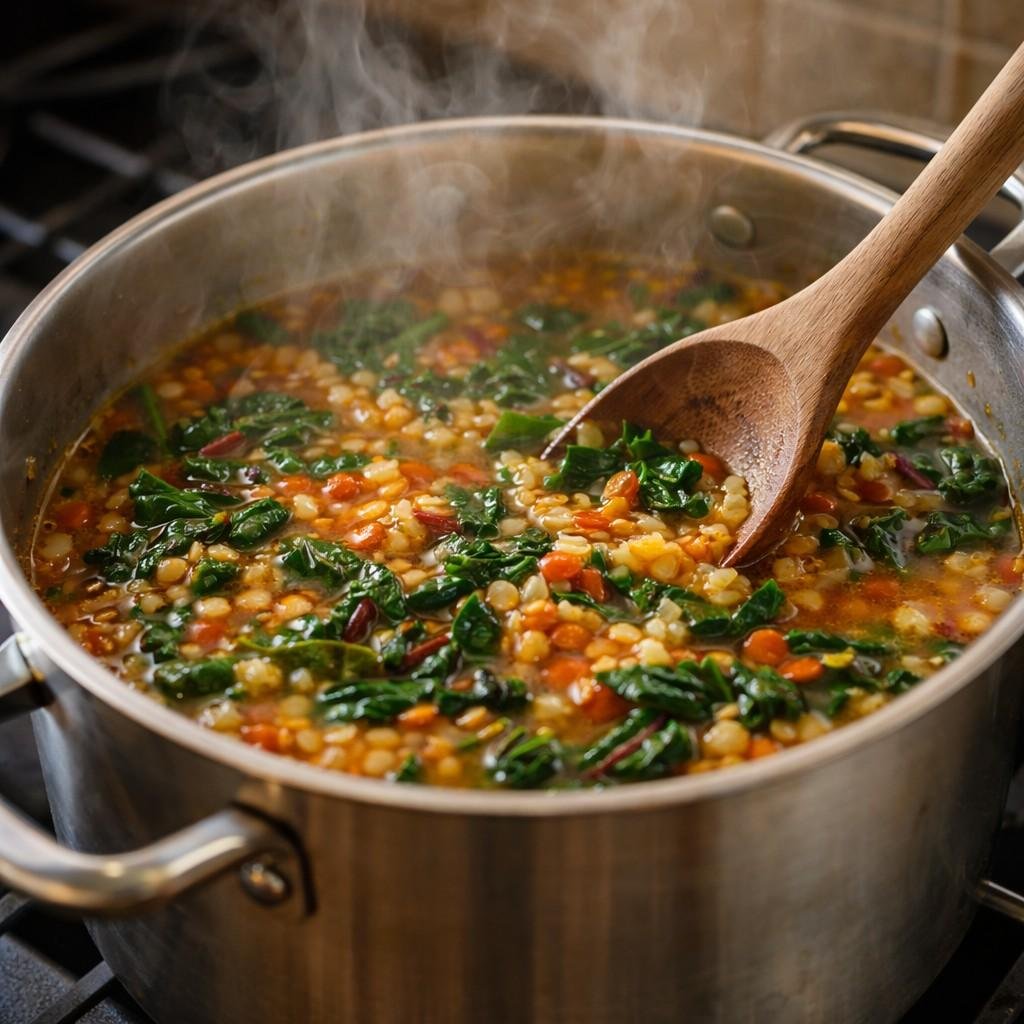 Simmering soup with Swiss chard and lentils