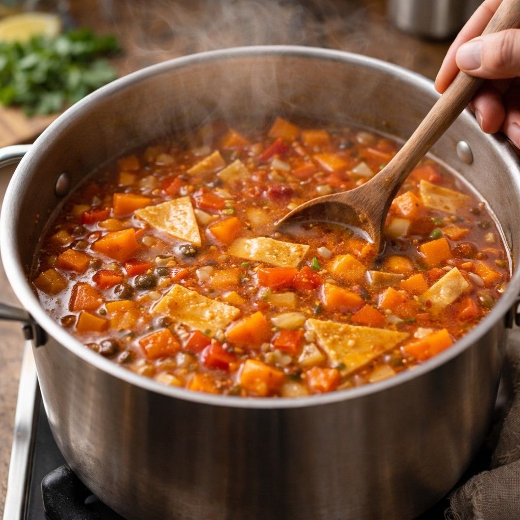 Simmering vegetable enchilada soup
