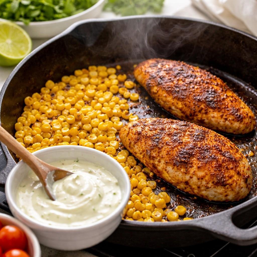 Sizzling chicken and charred corn skillet