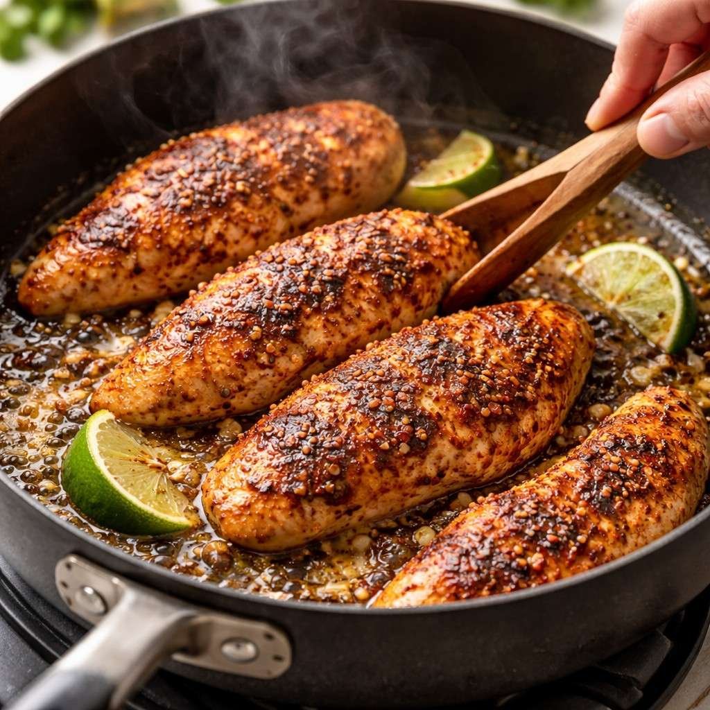 Sizzling chili lime chicken in skillet