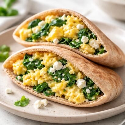 Spinach Feta Scrambled Egg Pitas