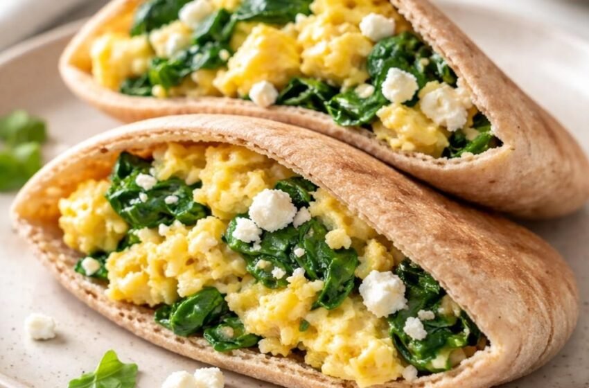 Spinach Feta Scrambled Egg Pitas
