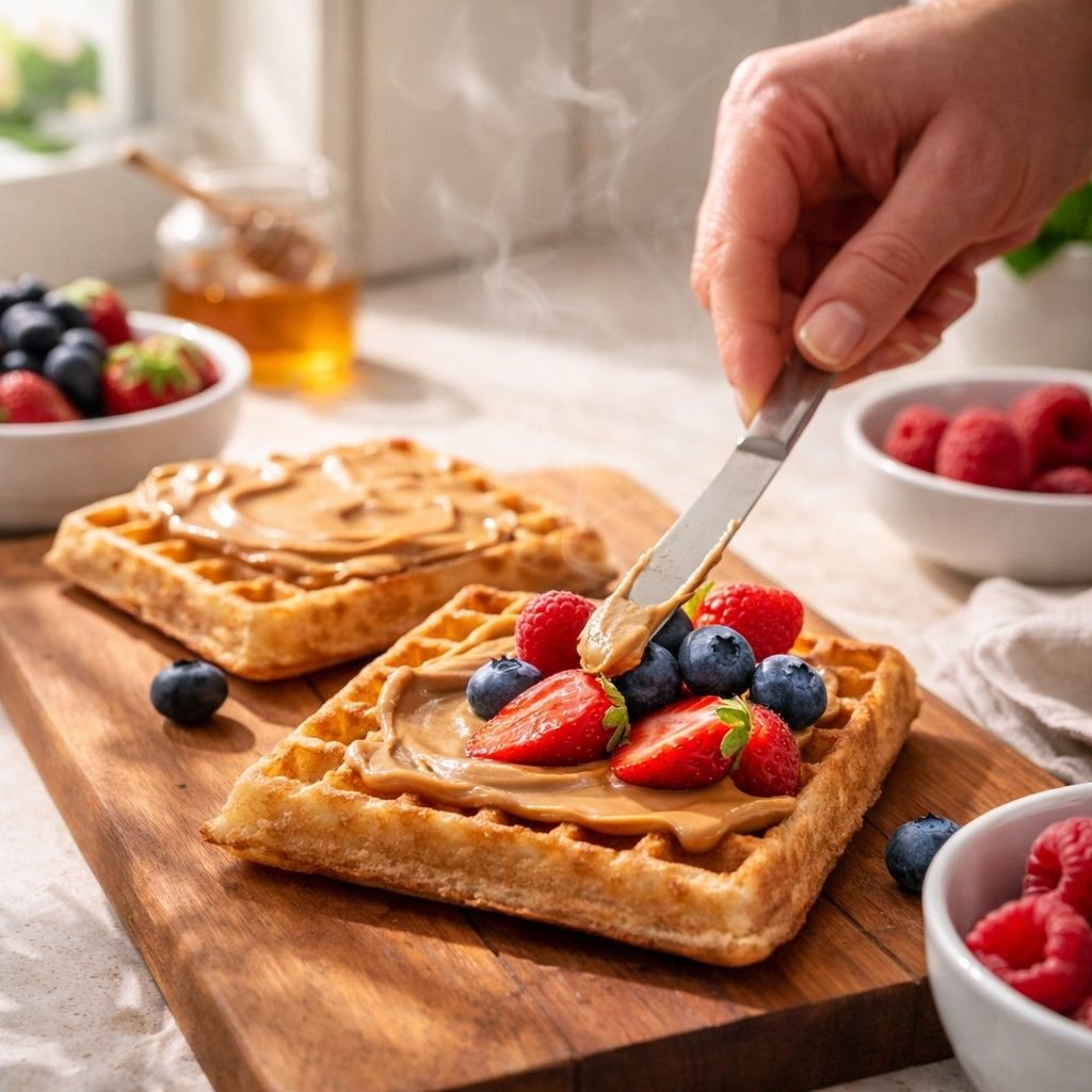 Spreading peanut butter on waffles