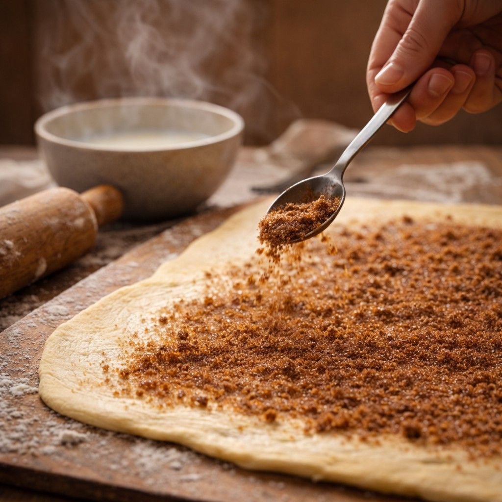 Sprinkling cinnamon-sugar on fresh dough