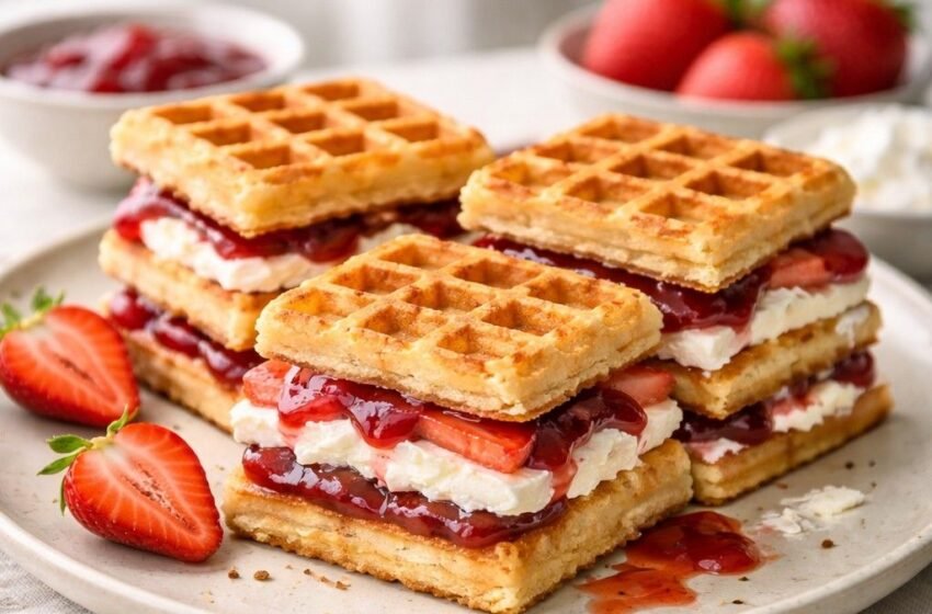 Strawberry goat cheese waffle sandwich