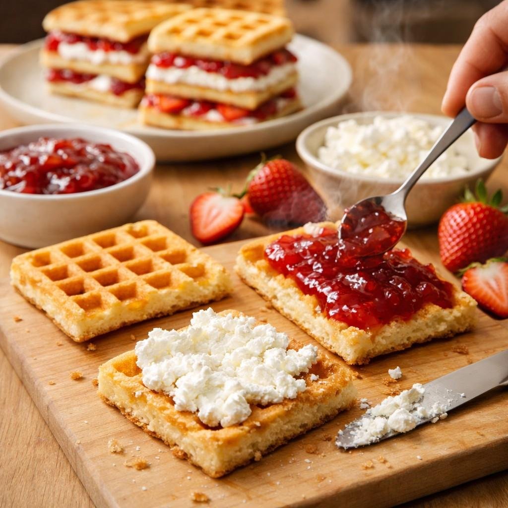 Strawberry goat cheese waffle sandwiches in preparation