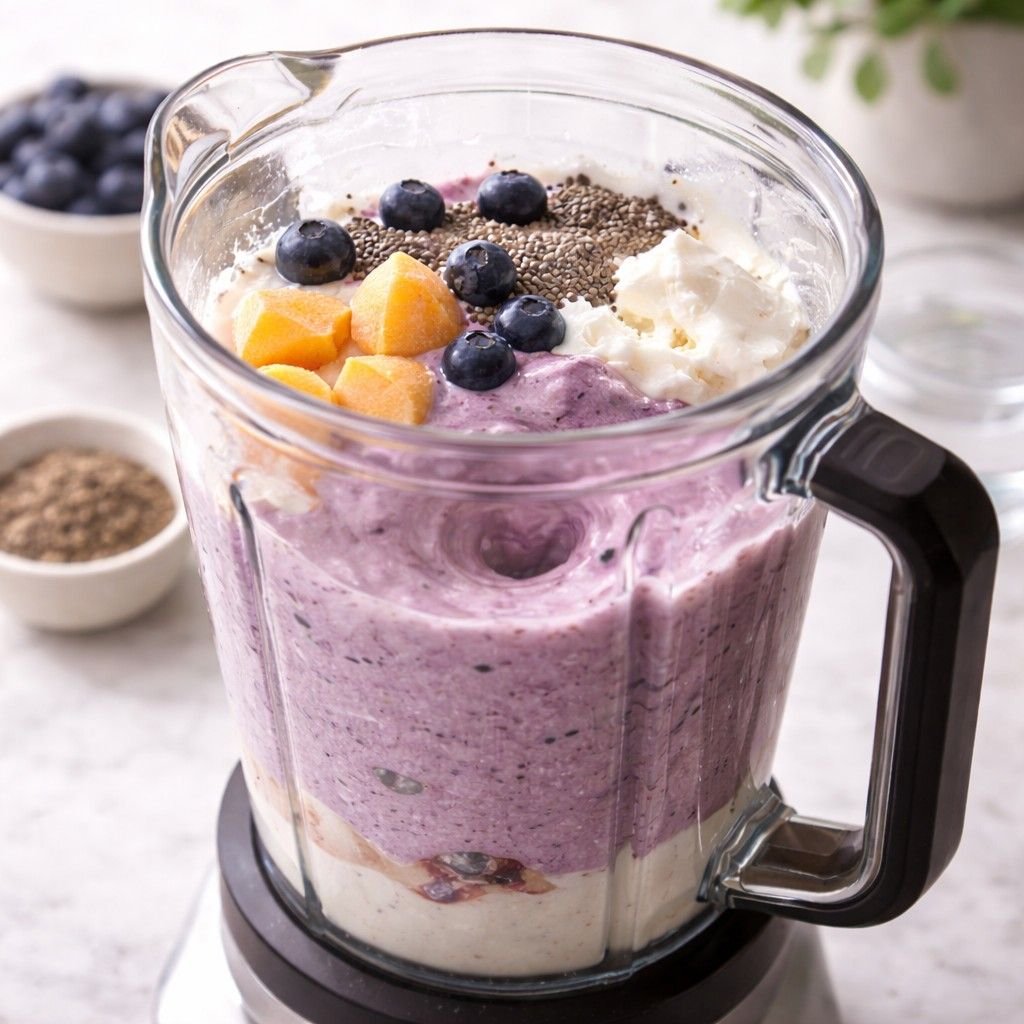 Swirling blueberry peach smoothie in blender