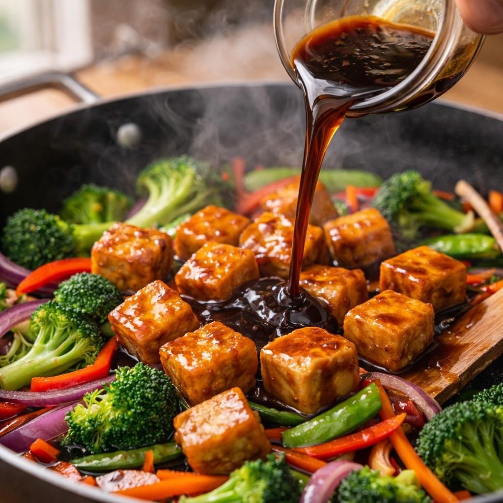 Teriyaki tofu stir-fry in skillet