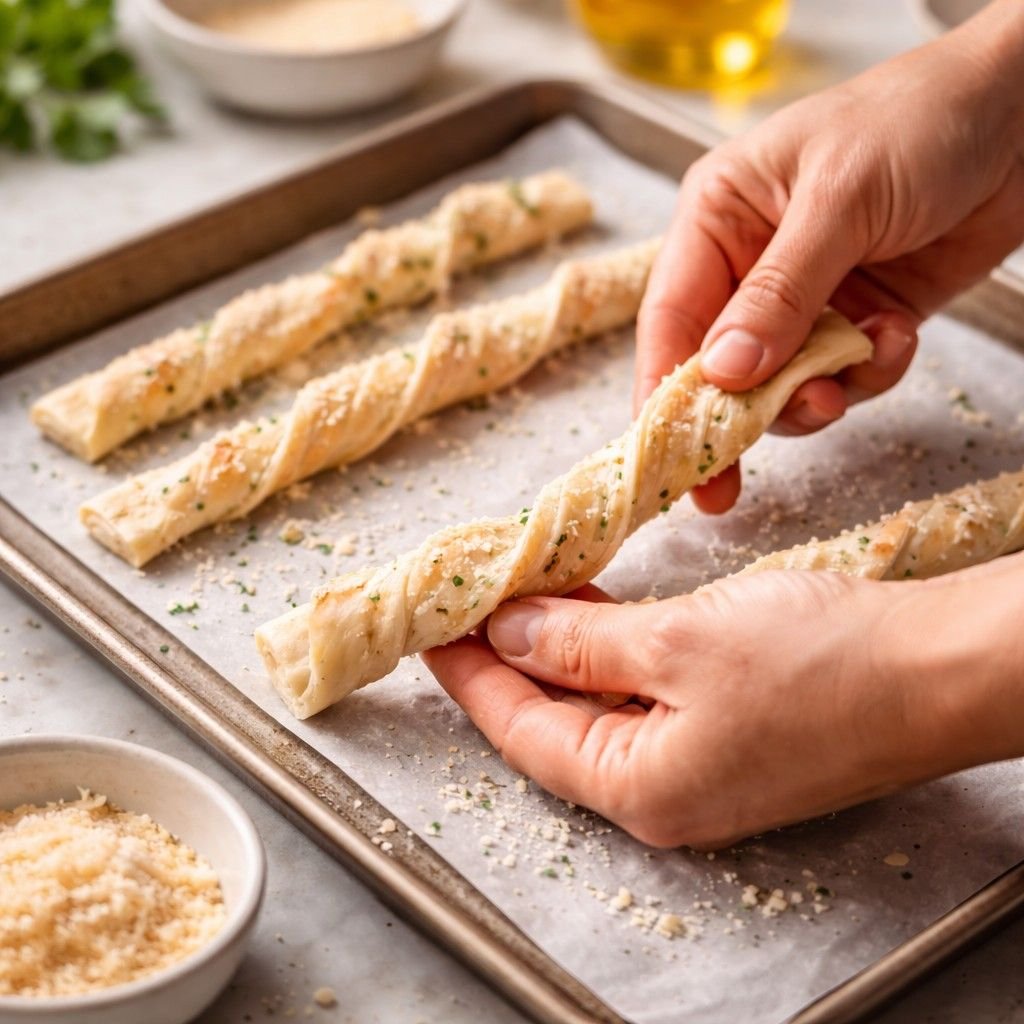 Twisting Parmesan garlic cheese straws