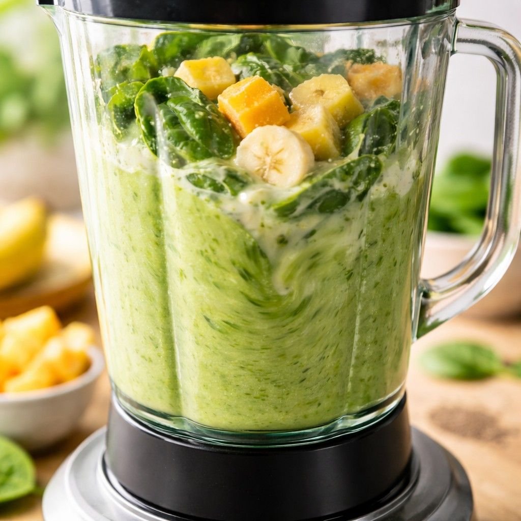 Vibrant green smoothie in the making