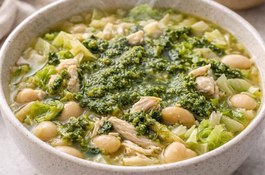 chicken cabbage soup with pesto