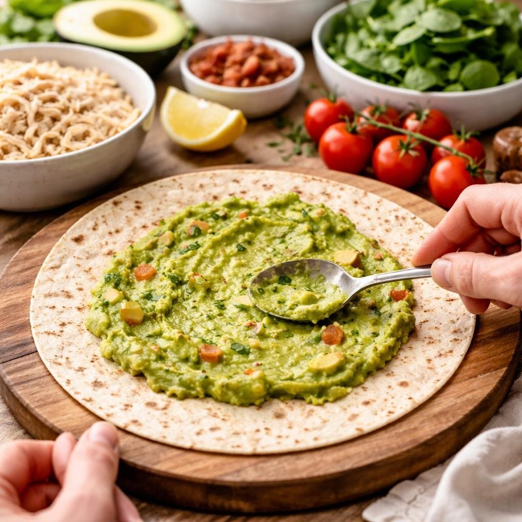Assembling a fresh chicken avocado wrap