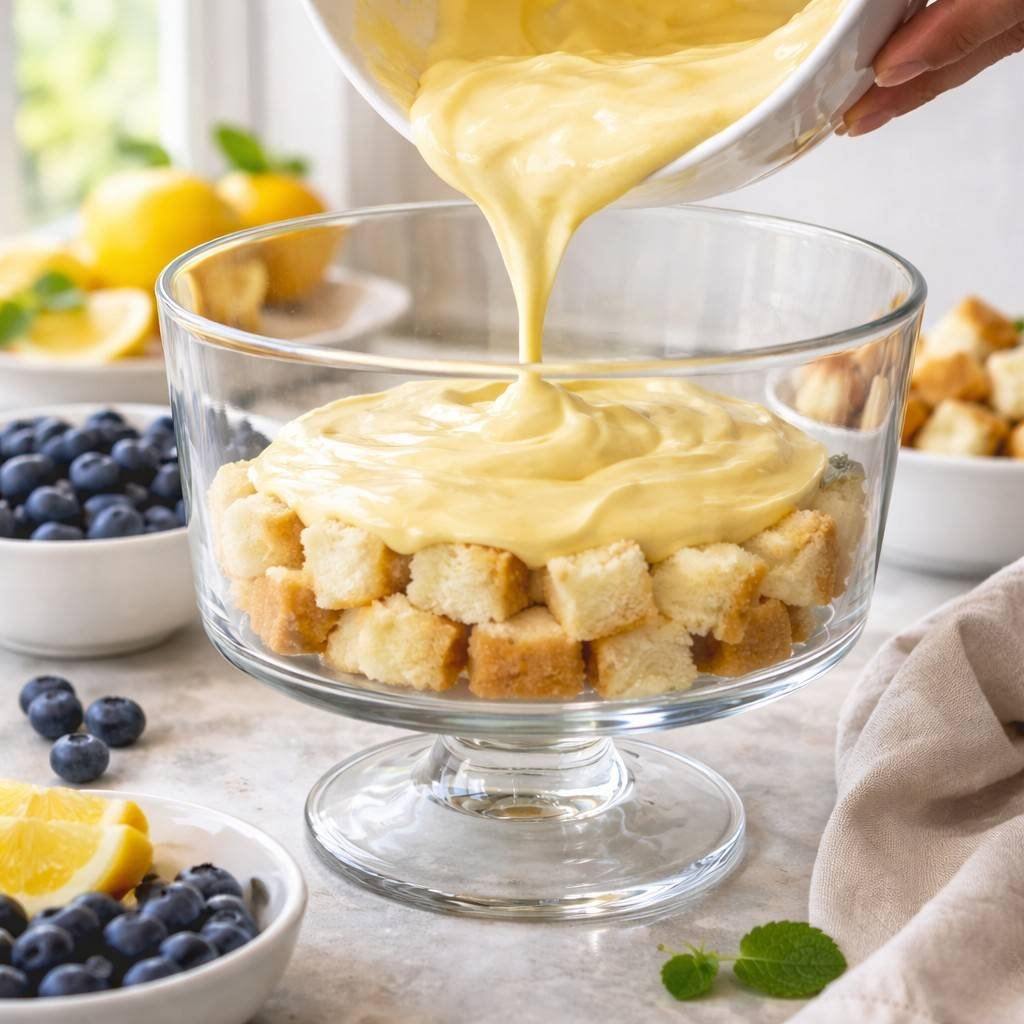 Assembling a lemon blueberry trifle