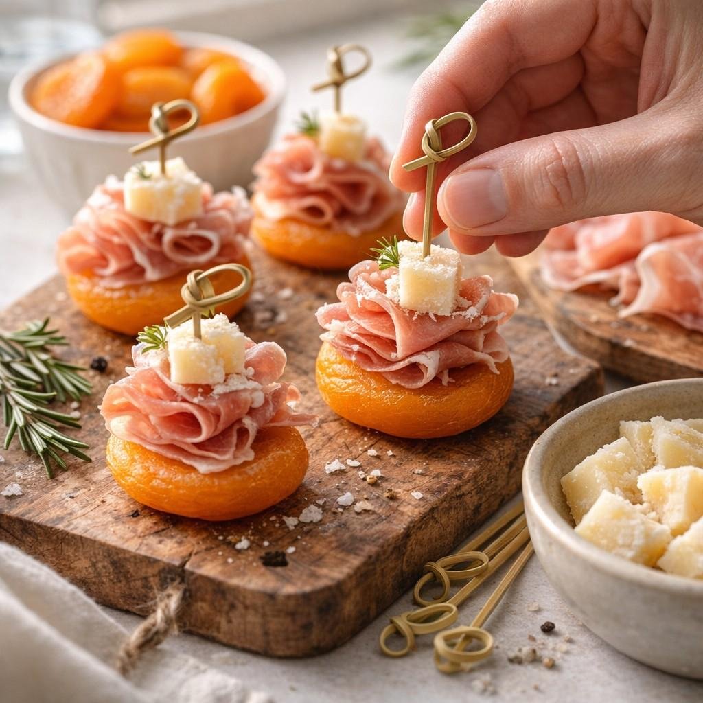 Assembling apricot prosciutto bites