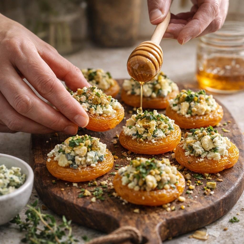 Assembling apricot stilton bites