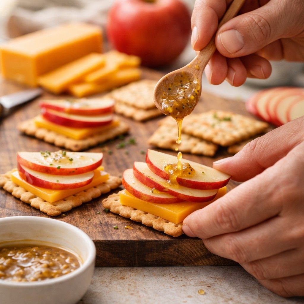 Assembling cheddar apple cracker bites