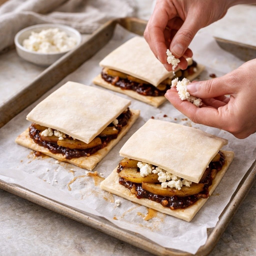 Assembling pear and goat cheese pastries