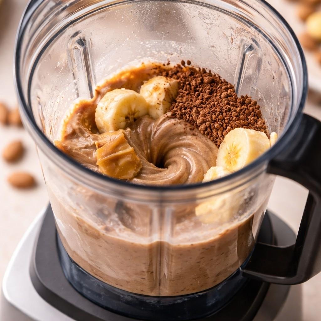 Blending a chocolate almond butter smoothie