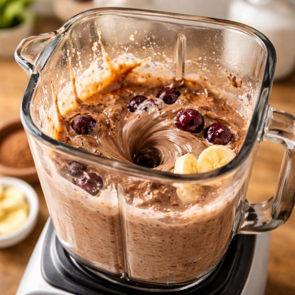 Blending a chocolate cherry protein shake