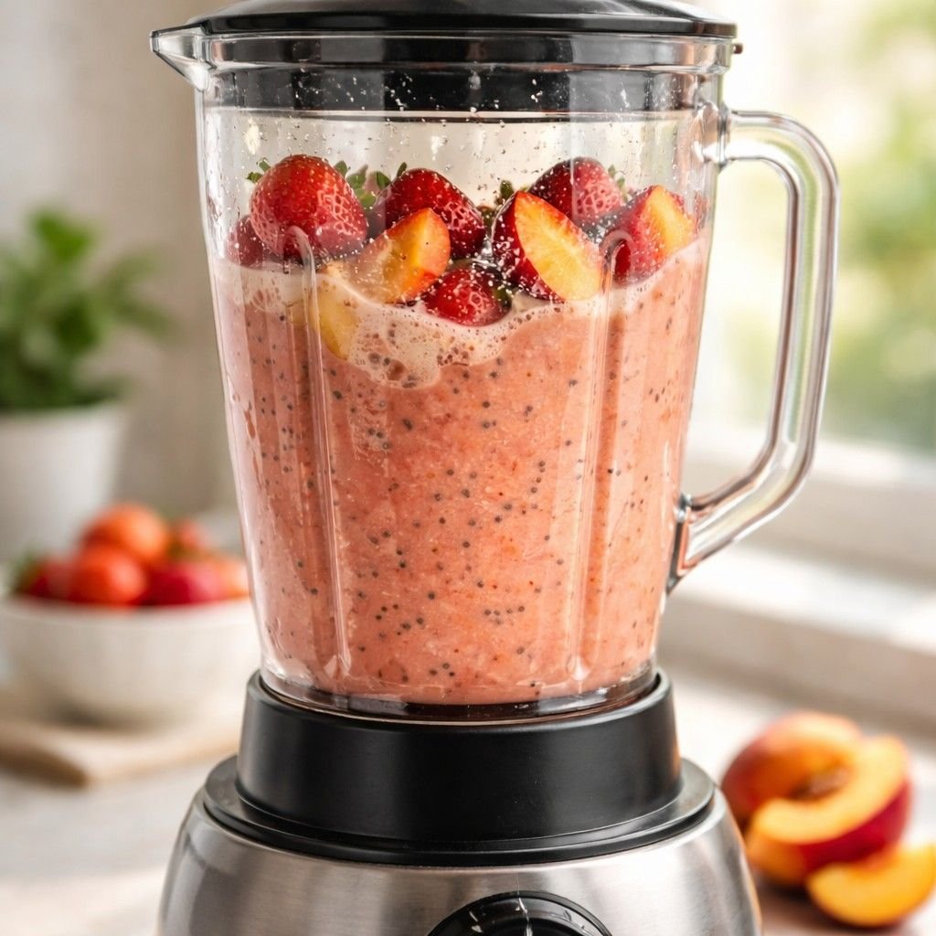 Blending a strawberry peach smoothie