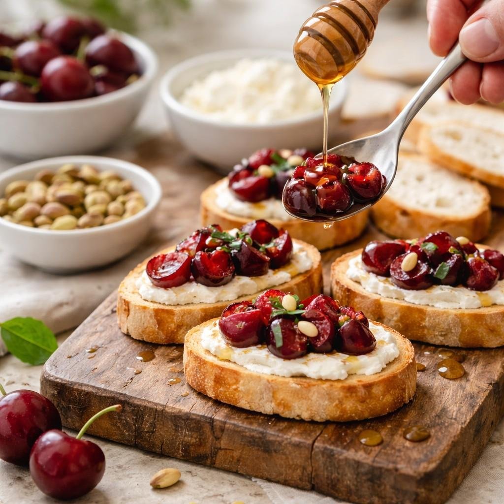 Cherry Goat Cheese Crostini Appetizer prep