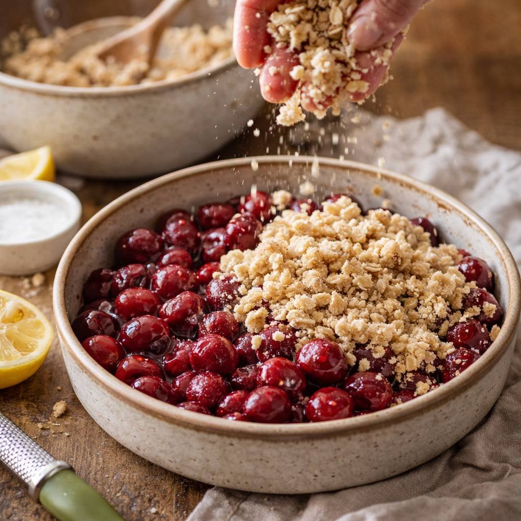 Cherry crumble in the making