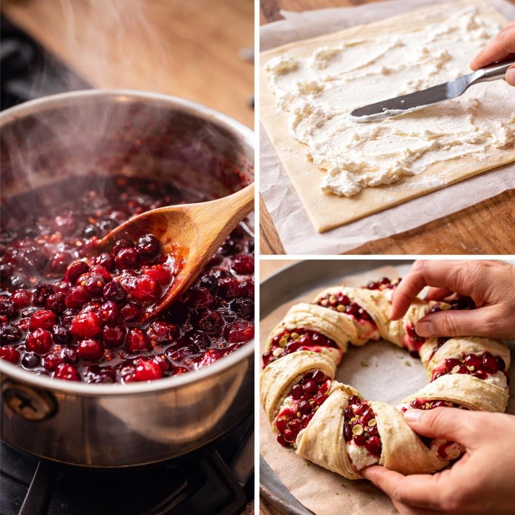 Cranberry goat cheese pastry wreath process