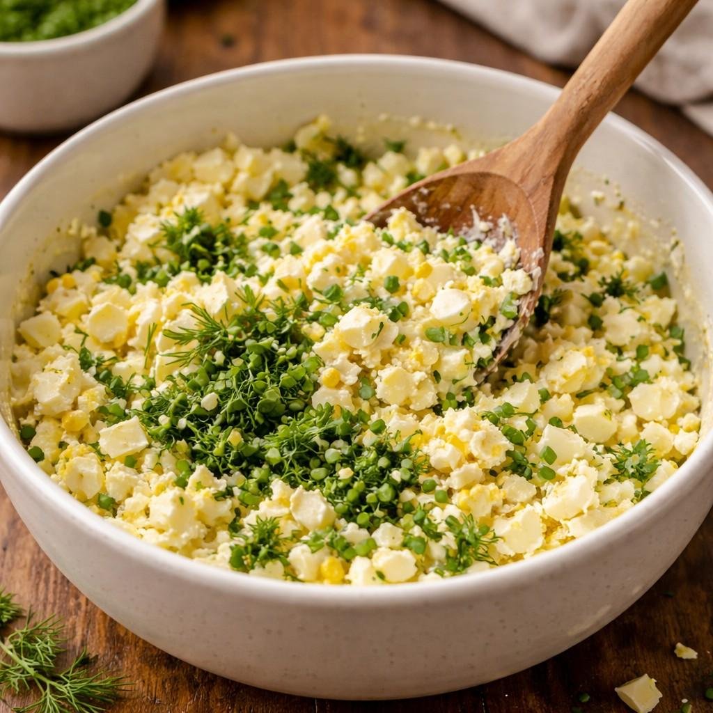 Creamy egg salad in the making