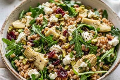 Thumbnail for Easy Farro Salad with Arugula, Artichokes & Pistachios