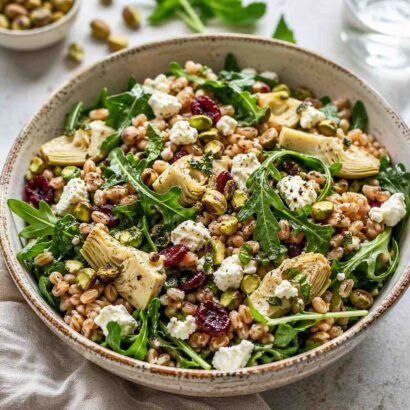 Farro Salad with Arugula, Artichokes & Pistachios