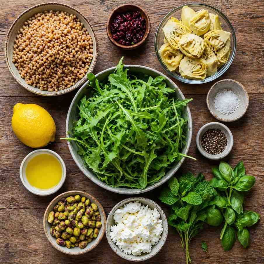 Farro Salad with Arugula, Artichokes & Pistachios ingredients