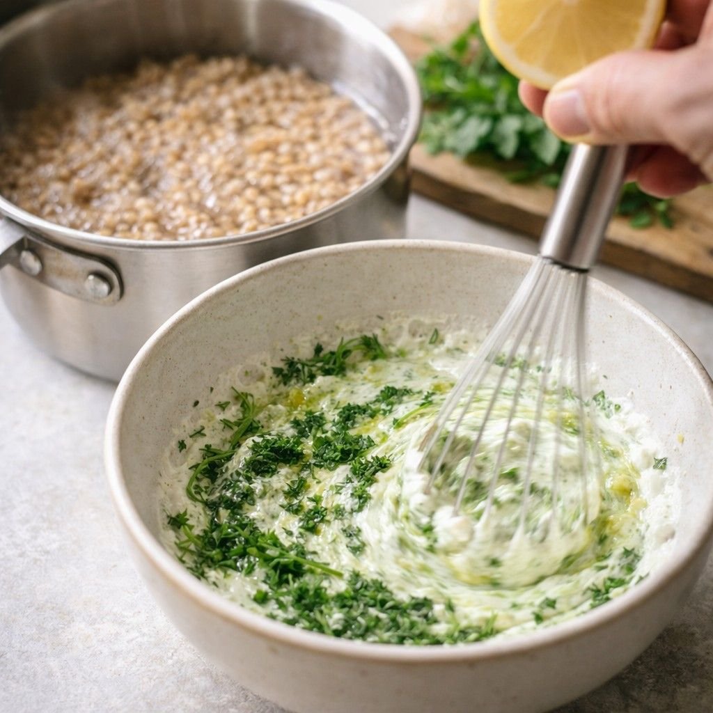 Green Goddess farro bowl preparation