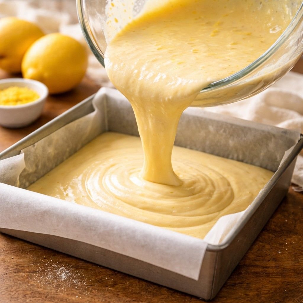 Lemon batter pouring into baking pan
