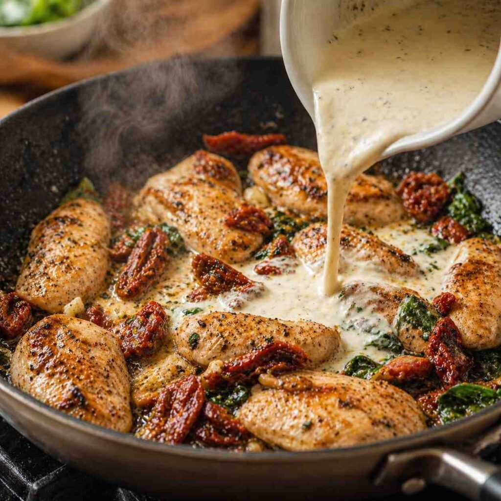 Marry Me Chicken Spinach Penne Skillet cooking process