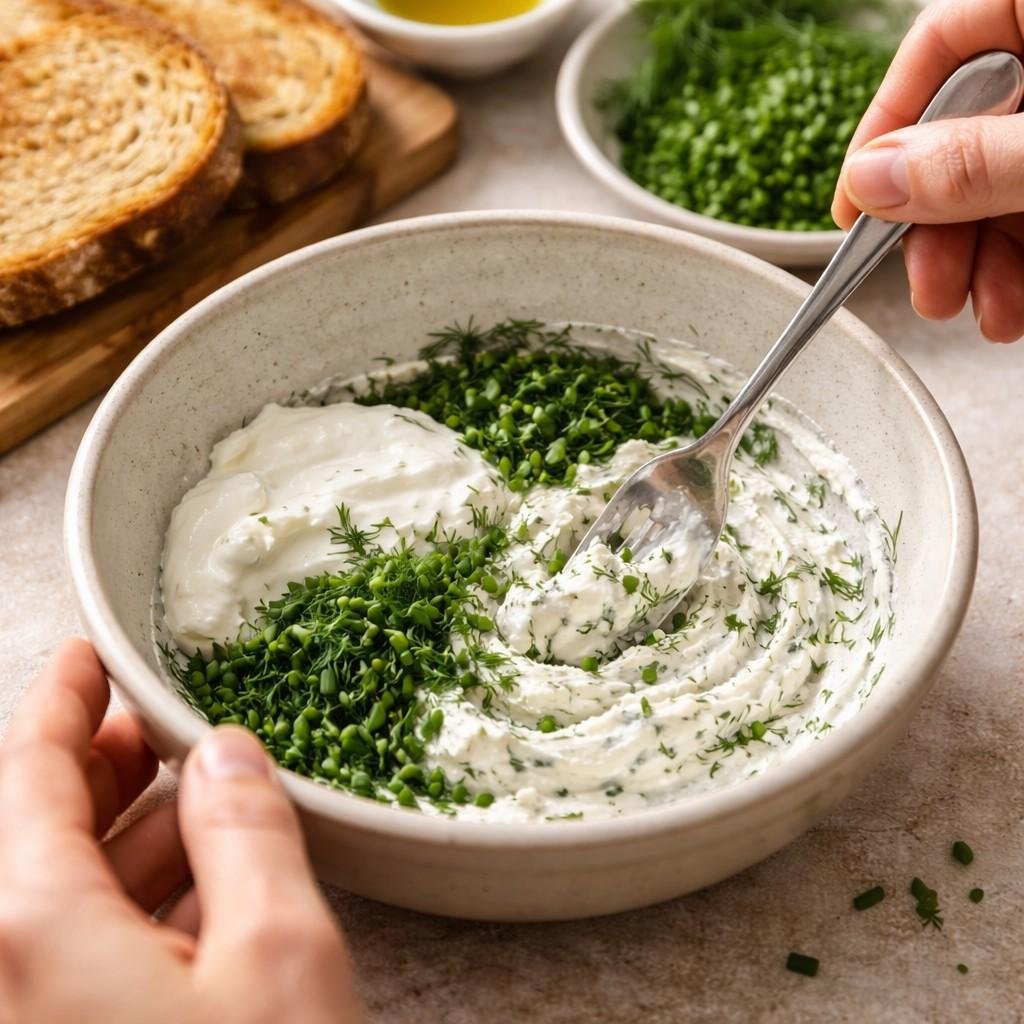 Mixing herbed cream cheese blend