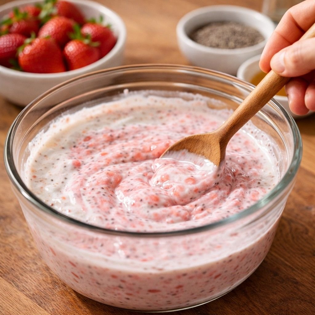 Mixing strawberry chia pudding