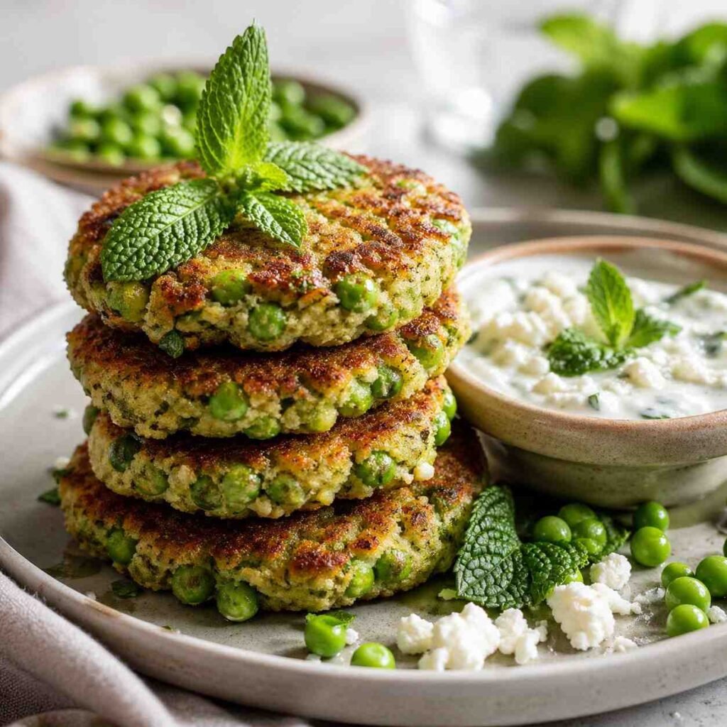 Pea Cakes with Creamy Feta Yogurt Sauce