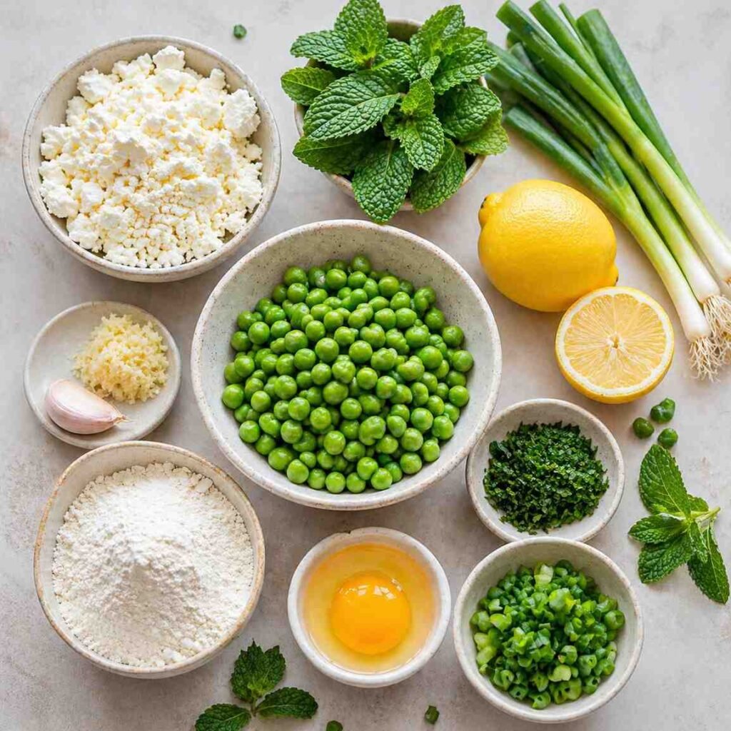 Pea Cakes with Creamy Feta Yogurt Sauce ingredients