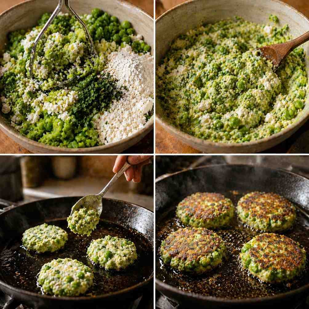 Pea Cakes with Creamy Feta Yogurt Sauce prep