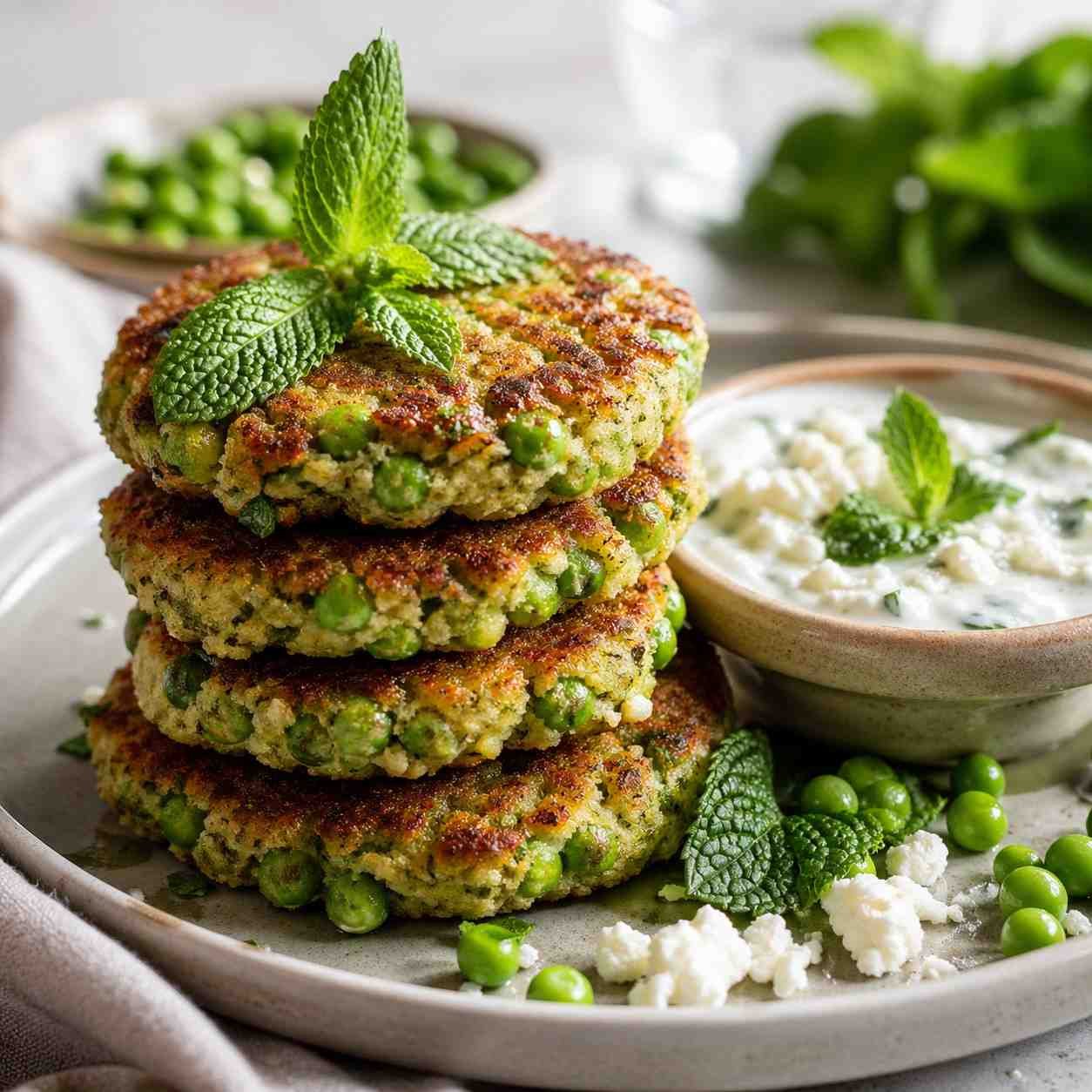 Pea Cakes with Creamy Feta Yogurt Sauce